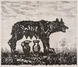 William Kentridge, She Wolf (Jug), lift ground aquatint etching printed on 100% Hemp Phumani handmade paper, mounted on raw cotton cloth folded (as a map) and housed in a handmade box covered in raw cotton cloth