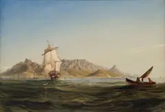 Thomas Baines, Brig in Table Bay, oil on paper laid down on paper
