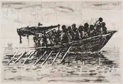 William Kentridge, Refugees (You Will Find No Other Seas), lift ground aquatint etching printed on 100% Hemp Phumani handmade paper, mounted on raw cotton cloth folded (as a map) and housed in a handmade box covered in raw cotton cloth