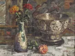Gregoire Boonzaier, Still Life with Carnations, oil on board