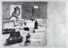 William Kentridge, Table With Sparrow (Left Hand), 2019, digital print on Hahnemühle German Etching paper