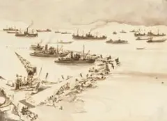 Herbert Hastings McWilliams, Salvage Vessels at Work, Piombino, Italy, ink on paper