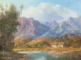 Cottage, River and Trees by Gabriel de Jongh, oil on canvas, offered Aug 2022