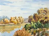 Nils Andersen, Landscape with River, watercolour on paper laid down on backing board