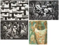 Eleanor Esmonde-White, Abstract Houses; Hearding Cattle; Group of Women; Preacher, four, lithograph and linocut on paper