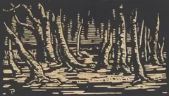 Jacobus Hendrik Pierneef, Wilgerboomstamme (Nilant 80), linocut on paper laid down on card