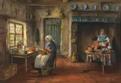 Tinus de Jongh, Kitchen Interior, watercolour and pastel on paper laid down on card