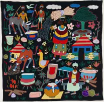 Mapula Embroidery Project, Ndebele Village Scene, embroidery on fabric