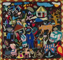 Maggie Molongo, Village Scene with South African Flag, embroidery on textile
