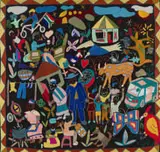 Maggie Molongo, Village Scene with South African Flag, embroidery on textile