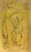 Ben Macala, Mother and Child, charcoal and watercolour on paper laid down on card