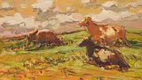 Landscape with Cattle by Adriaan Boshoff, oil on wood panel, sold Jul 2022