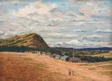 Village Scene with Mountains by Adriaan Boshoff, oil on canvas laid down on board, sold Jul 2022