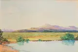 Walter Battiss, Landscape with Mountains and Lake, watercolour on artist's board