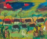 Landscape with Huts by Frans Claerhout, oil on board, sold Jul 2022