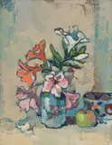 Azaleas, Apple and Bowl by Gregoire Boonzaier, oil on canvas, sold Jul 2022