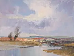 Landscape with Lake and Tree by Christopher Tugwell, oil on canvas laid down on board, sold Jul 2022
