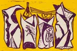 Four White Rocks by Walter Battiss, colour woodcut on paper, sold Jul 2022