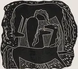 Horses, January 6 by Walter Battiss, woodcut on found paper, offered Jul 2022