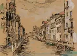 Gregoire Boonzaier, Canal with Boats and Three Bridges, gouache on paper