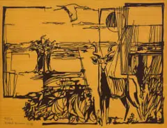 Ernst de Jong, Composition with Kudu, woodblock on paper