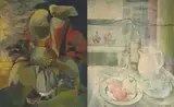 Stanley Pinker, Boulders and Huts, recto; Still Life with Jug, verso, mixed media on board