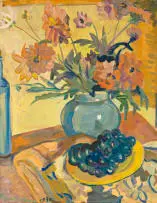 Irma Stern, Still Life with a Vase of Flowers and a Plate of Grapes, gouache on paper