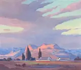 Karoo Farm at Sunset by Jacobus Hendrik Pierneef, oil on board, sold Sep 2022