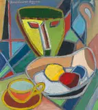 Bettie Cilliers-Barnard, Still Life with Mask, Fruit, Cup and Saucer