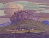 Village near the Maluti Mountains by Jacobus Hendrik Pierneef, casein, sold Jul 2022
