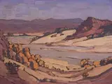 Landscape with Riverbed by Jacobus Hendrik Pierneef, oil on board, sold Jul 2022