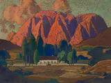 Farmhouse with Twin Peaks Beyond by Jacobus Hendrik Pierneef, casein, sold Jul 2022