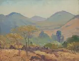 Landscape with Trees and Mountains by Jacobus Hendrik Pierneef, oil on canvas, sold Jul 2022