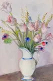 Jug of Mixed Flowers with Tulips by Maud Sumner, ink and watercolour on card, sold Jun 2022