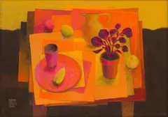 Susan Helm Davies, Still Life with Pot of Iresine, acrylic on board