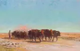 Driving Cattle by Adriaan Boshoff, oil on canvas laid down on board, offered Jun 2022