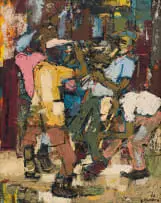 Ephraim Ngatane, Musicians, mixed media with oil on board