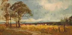 Landscape with Distant Farm Buildings by Christopher Tugwell, oil on canvas laid down on board, offered Jun 2022
