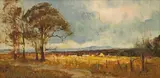 Landscape with Distant Farm Buildings by Christopher Tugwell, oil on canvas laid down on board, offered Jun 2022