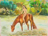 Nude on Chestnut Horse by Nichola Alice Leigh, oil on Emtini liner (recycled paper), offered Jun 2022