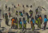 Asanda Dredunik Kupa, Abstract Composition with Orange and Green Figures, oil on canvas