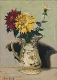 Chrysanthemums in a White Jug by Adriaan Boshoff, oil on canvas laid down on board, sold Jun 2022