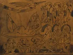 Walter Battiss, Untitled (Figures and Bird), engraved wood block