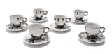 William Kentridge, Illy Art Collection Cups and Saucers, six, 2008, ceramic cups with silver mirrored glaze; ceramic saucers with transfer illustration