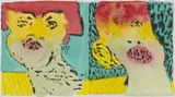 Robert Hodgins, Two Heads, hand coloured etching on paper
