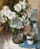 Irmin Henkel, Vase of Iceberg Roses, oil on canvas