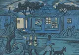 Peter Clarke, We Shall Appear Like Strolling Players, colour woodcut on paper laid down on board