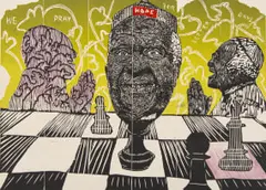 Hope for Better Days by Tshogofatso Nkhumeleng, linocut and watercolour on paper, sold Jun 2022