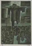 Peter Clarke, Love Bemused While Death Hovers, colour woodcut on paper