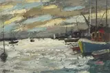 Kenneth Baker, Boats in the Harbour, oil on board